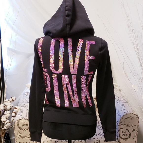 PINK Victoria's Secret Tops - Pink! V.S full zip black hoodie/pink sequins XS💕
